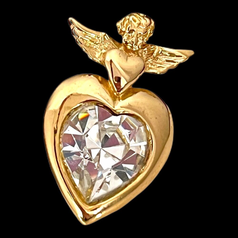 Vintage 1980s Cherub Heart Tac Pin Gold Tone Crystal Figural - 12S